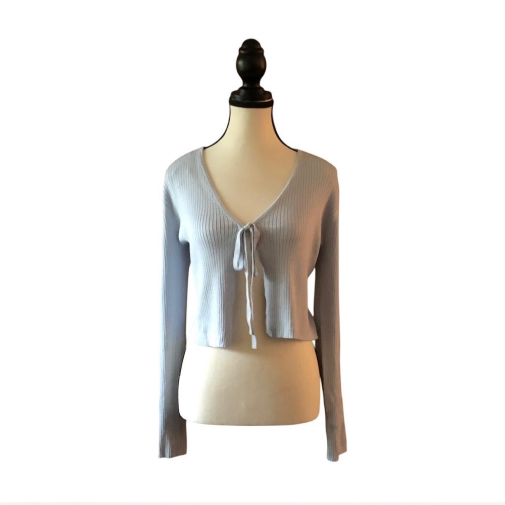 Garage Blue Ribbed Tie-Front Cardigan